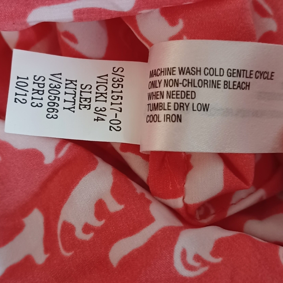 GAP MEDIUM VICKI 3/4 SLEEVE KITTY PRINT SHIFT DRESS CORAL/WHITE 100% POLYESTER - Picture 6 of 9